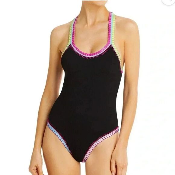 Pilyq MD Platinum Black Crochet Rainbow Trim One Piece- Size Medium - Picture 1 of 8